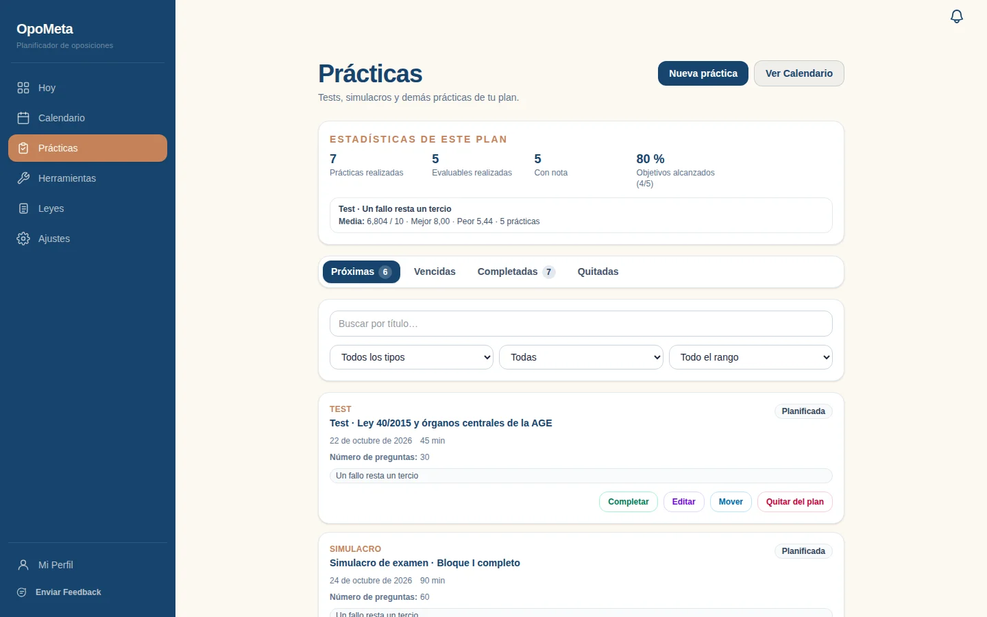 Prácticas con las estadísticas del plan y los próximos tests